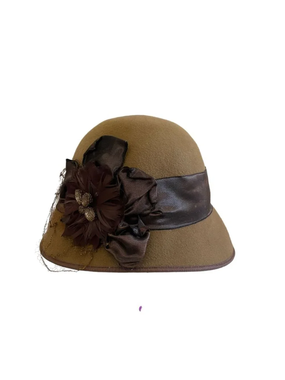 Louise Green Brown Wool Cloche Hat Satin Ribbon Feather Rhinestone Flower Accent